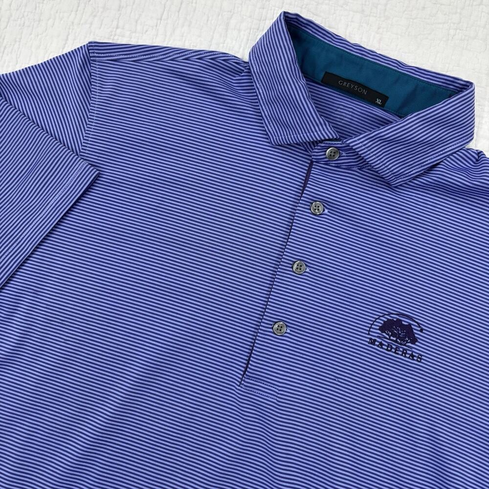 Greyson Polo Shirt Mens Size XL Performance Blue Striped Stretch Maderas Golf